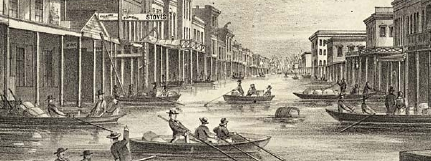 Flooded streets in old Sacramento