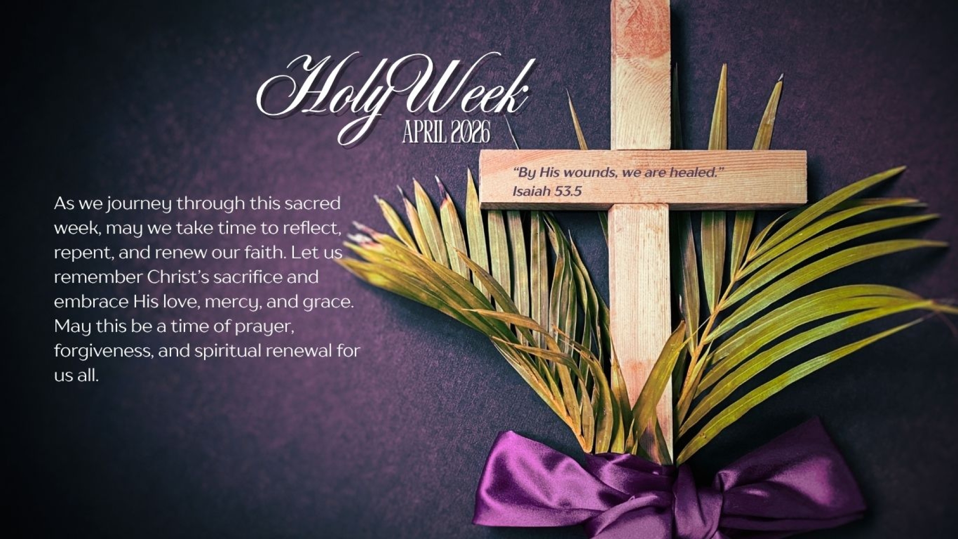 Wooden cross with green palm fronds and purple bow