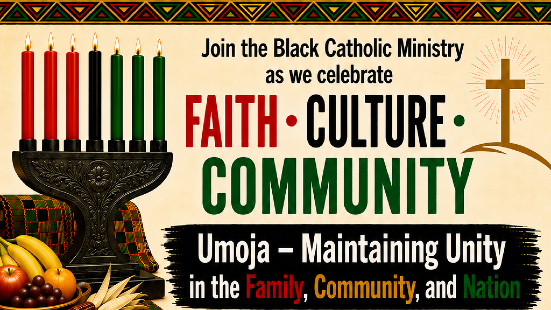 Kwanzaa red, black, and green candle Umoja Mass and Celebration
